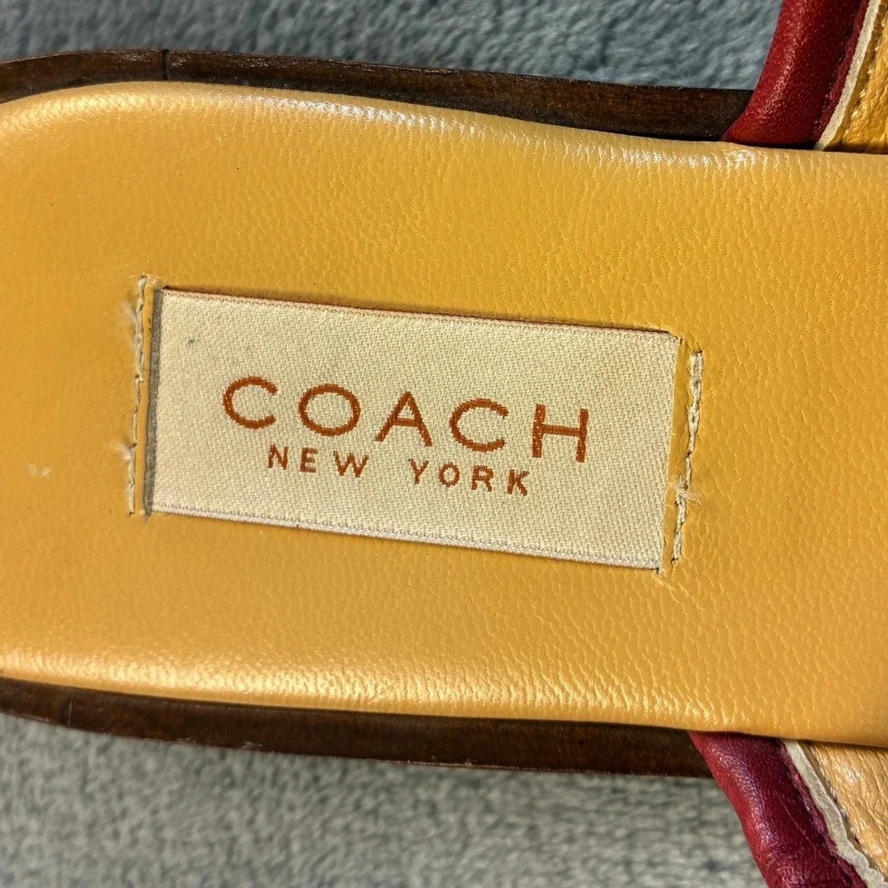 Coach Red Leather Slide Sandals Made in Italy Square Toe Flat Mules Women's 7B
